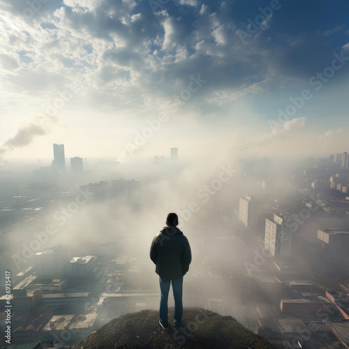silhouette of a man standing over a city with smog