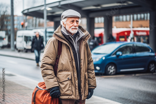 Man traveling in Oslo. Happy older traveler exploring in city.