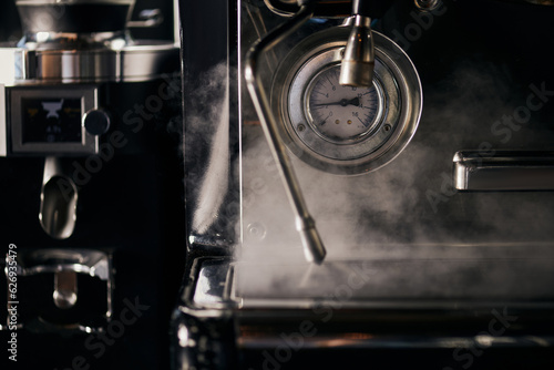 coffee shop, professional espresso machine and steamer with temperature scale, barista equipment