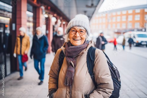Woman traveling in Oslo. Happy older traveler exploring in city.