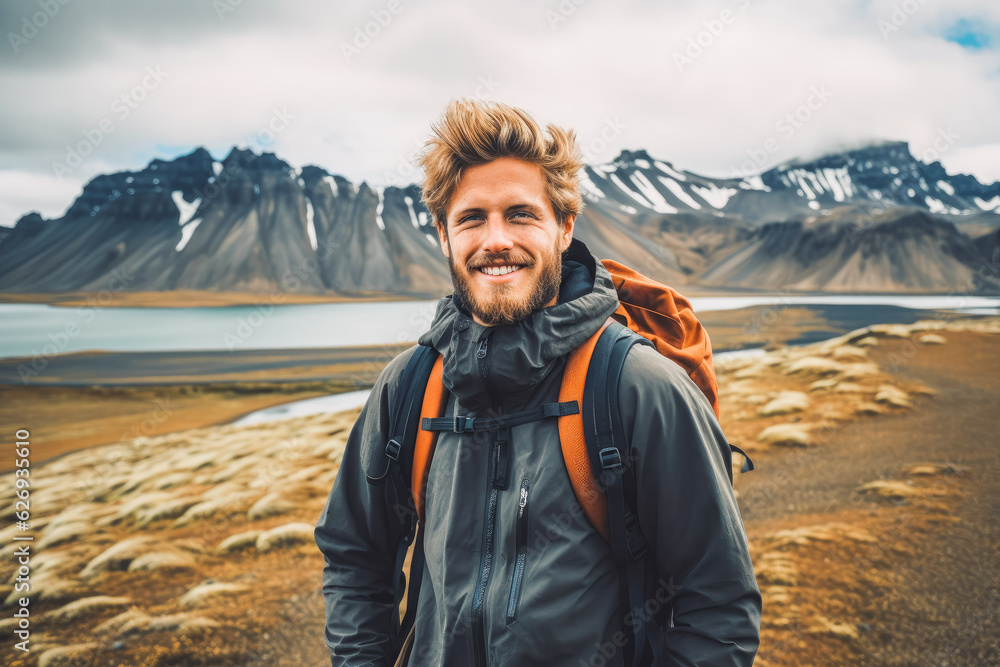 Man traveling in Iceland. Happy young traveler exploring in nature.