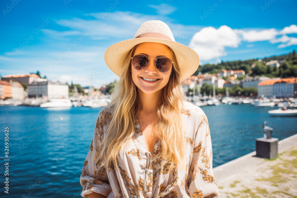 Caucasian woman traveling in Oslo in summer. Happy young traveler exploring in city.