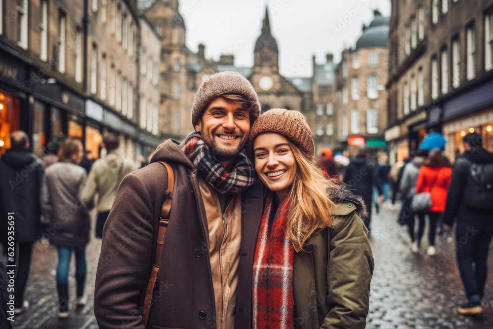 Multiethnic couple traveling in Edinburgh in autumn. Happy young travelers exploring in city.