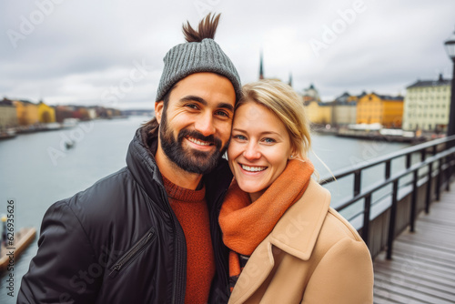 Multiethnic couple traveling in Stockholm. Happy young travelers exploring in city.