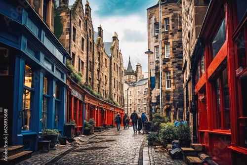 Fotografiet Streets of Edinburgh. Empty cobbled streets of city in Scotland.