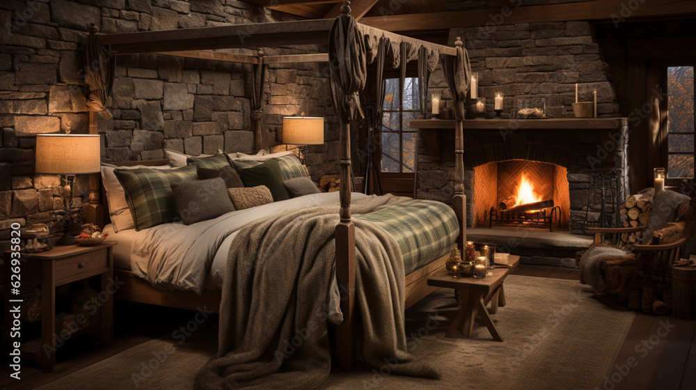 Design of cozy and rustic bedroom with a wooden four-poster bed, plaid bedding, and a stone fireplace. earthy color with shades of brown, beige, and green, AI Generated Design of cozy and rustic bedroom with a wooden four-poster bed, plaid bedding, and a stone fireplace. earthy color with shades of brown, beige, and green, AI Generated