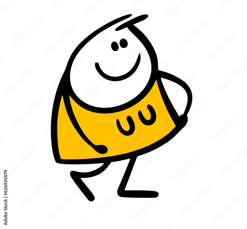 Obraz premium Cheerful young stickman woman tries on a yellow dress in a clothing store. Vector illustration of beauty and fashion.