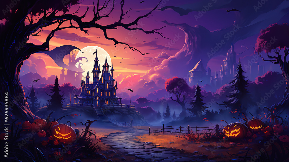 Halloween landscape with moon, castle, house, tree. Generative Ai