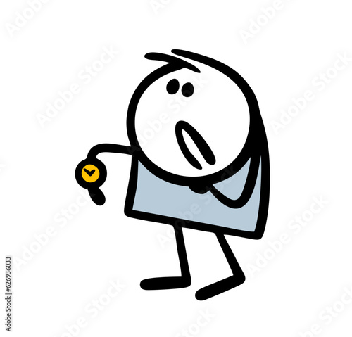 Disgruntled boy looks at the watch on his hand. Vector illustration of cartoon stickman being late for a meeting or work.
