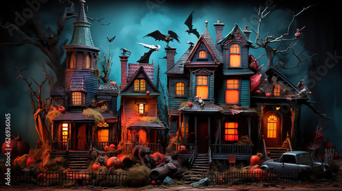 Haunted Halloween house, Bright color. Generative Ai