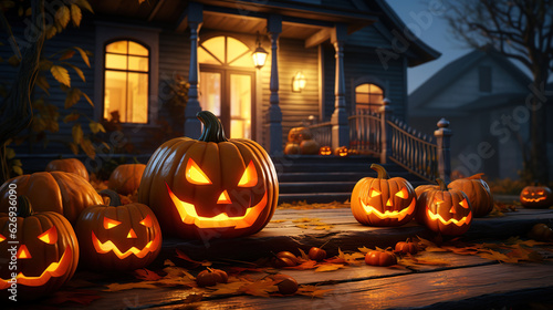 Halloween pumpkins and decorations outside a house. Generative Ai
