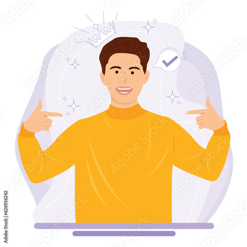 Flat vector confidence feeling proud smiling man pointing himself with fingers proud and happy