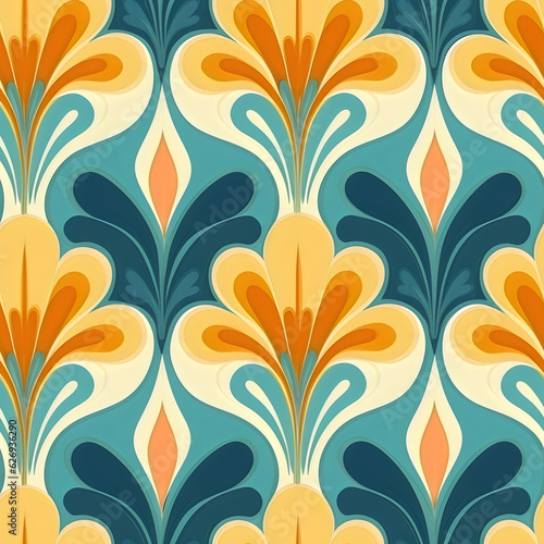 1970s wallpaper design large repeating pattern tile in yellow, orange, green and blue © Ricky