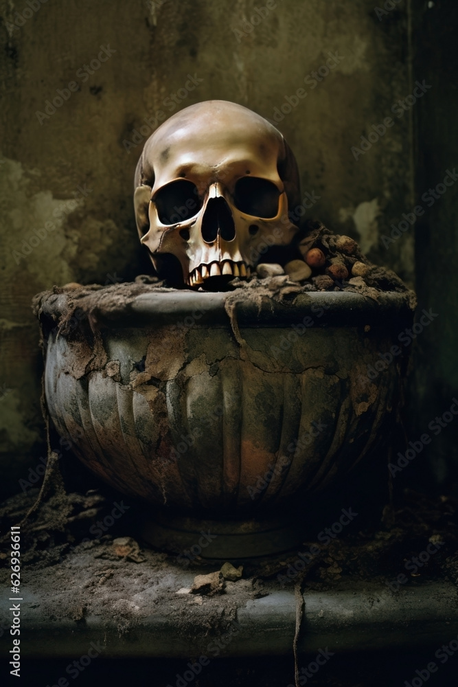 a human skull in a concrete green mythological vase.