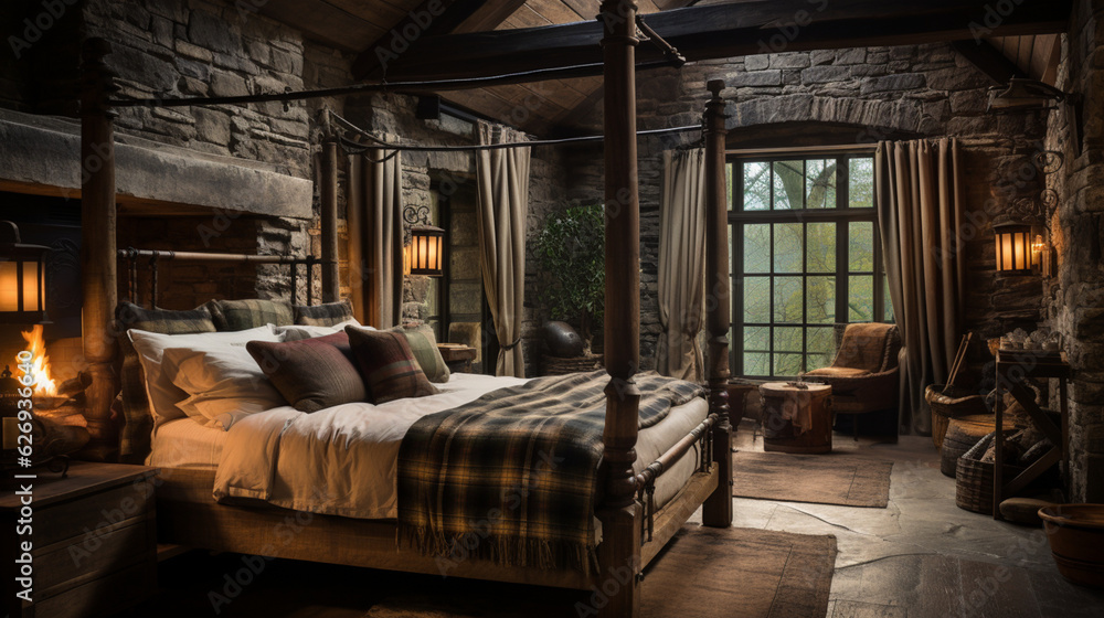 Design of cozy and rustic bedroom with a wooden four-poster bed, plaid bedding, and a stone fireplace. earthy color with shades of brown, beige, and green, AI Generated