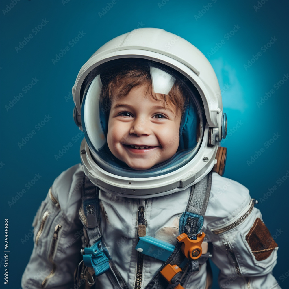 Boy dressed as an astronaut on a blue background. Generative AI. Boy dressed as an astronaut on a blue background. Generative AI.