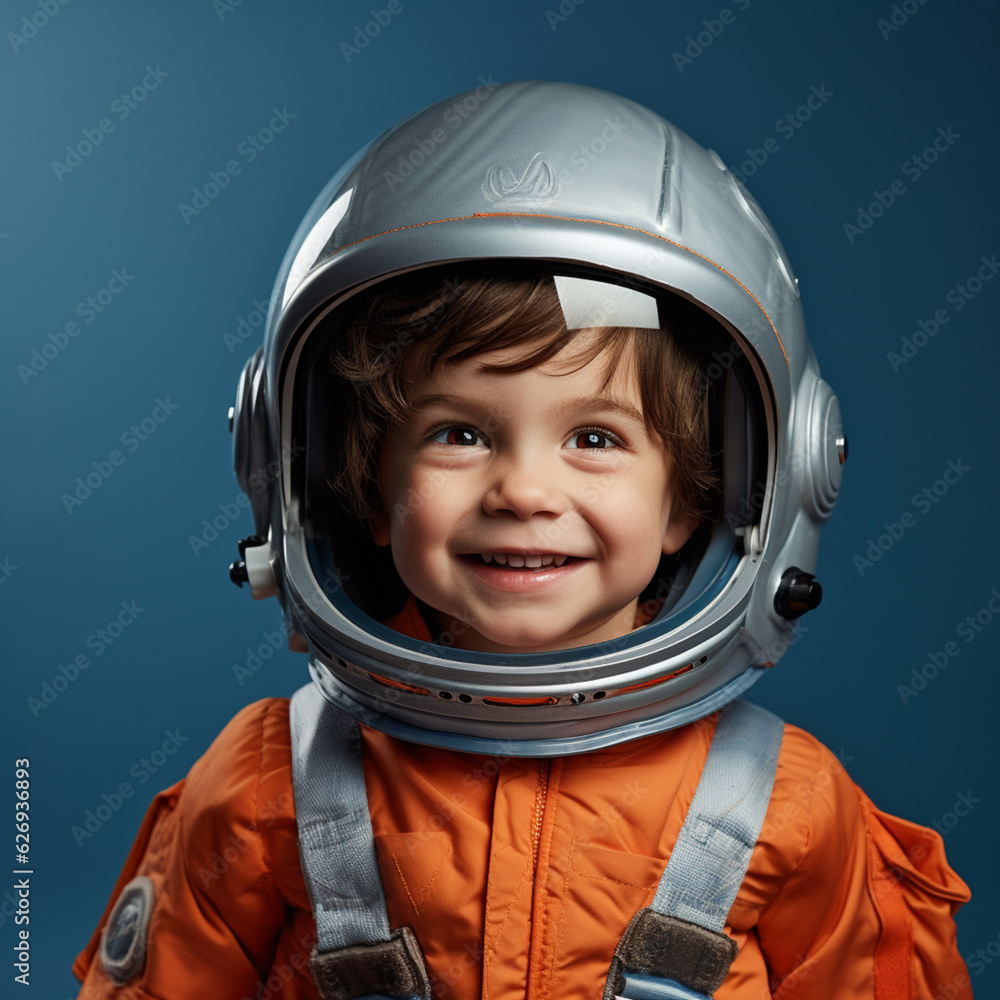 Boy dressed as an astronaut on a blue background. Generative AI. Boy dressed as an astronaut on a blue background. Generative AI.