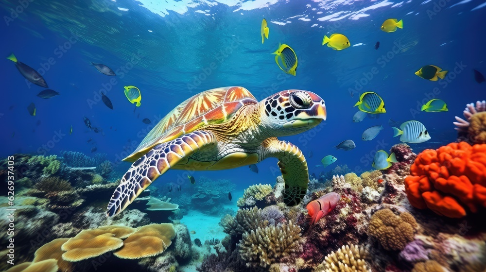 turtle with Colorful tropical fish and animal sea life in the coral reef, animals of the underwater sea world turtle with Colorful tropical fish and animal sea life in the coral reef, animals of the underwater sea world