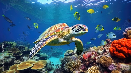 turtle with Colorful tropical fish and animal sea life in the coral reef, animals of the underwater sea world © khwanchai