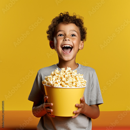 Happy child with popcorn. Generative AI.