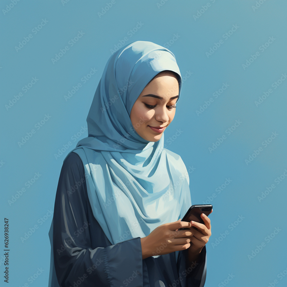 Muslim woman using the mobile on a blue background. Generative AI. Muslim woman using the mobile on a blue background. Generative AI.