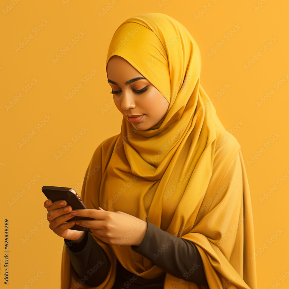 Muslim woman using the mobile on a yellow background. Generative AI. Muslim woman using the mobile on a yellow background. Generative AI.