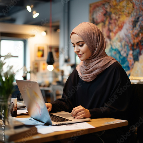 Muslim woman working with the laptop. Generative AI.