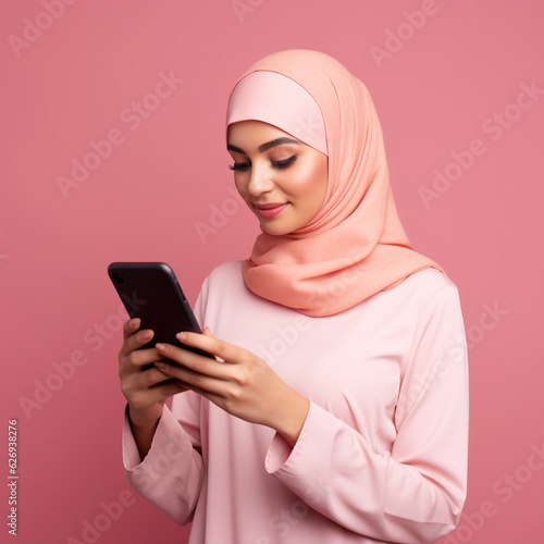 Muslim woman using the mobile on a pink background. Generative AI.