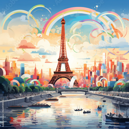 Illustration of Olympics in Paris. Eiffel Tower. Generative AI.