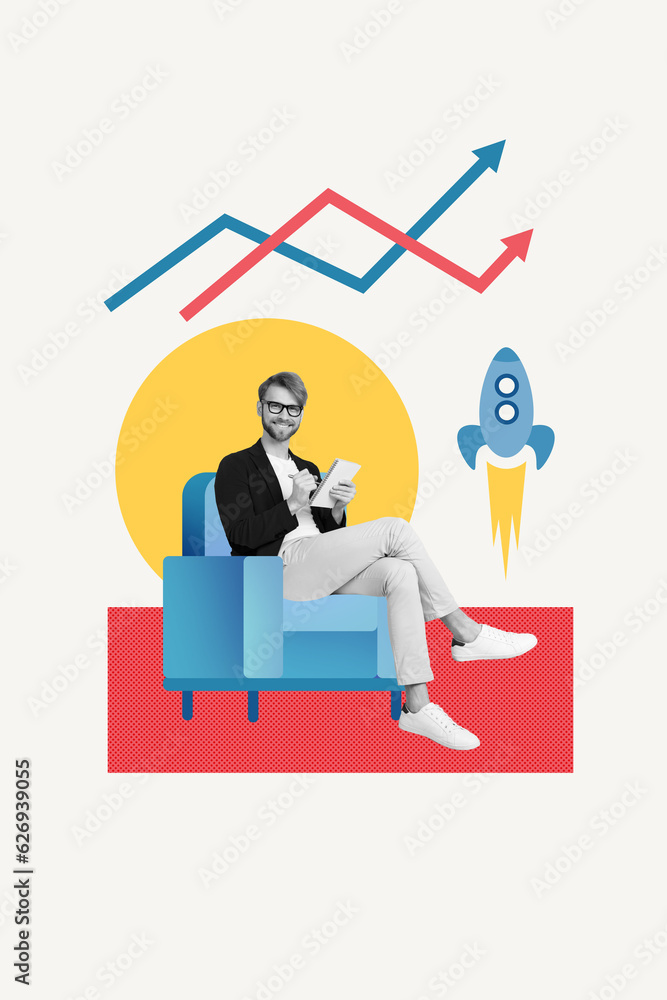 Collage positive businessman sitting armchair write documents analysis graphics stats rocket launch progress isolated on white background Collage positive businessman sitting armchair write documents analysis graphics stats rocket launch progress isolated on white background