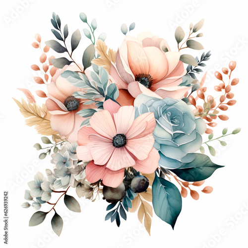 Watercolor flowers floral wedding bouquet. AI generative isolated illustration photo