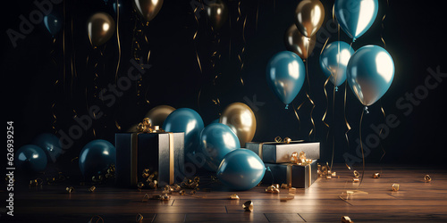 Holidays background with balloons, confetti, sparkles, lights. Anniversary. Banner for birthday, party, Christmas, New Year, promotion social media cover. Generative Ai © Inai