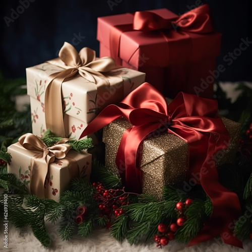 Classic Christmas presents and holiday gifts, wrapped gift boxes under Christmas tree, boxing day and holidays shopping, generative ai