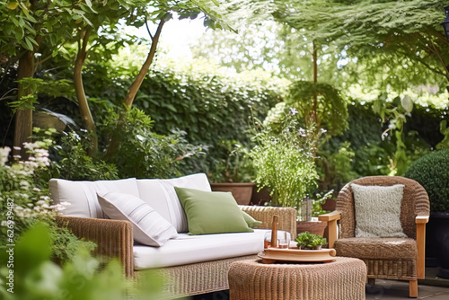 Fotografiet Garden lounge, outdoor furniture and countryside house patio decor with sofa and