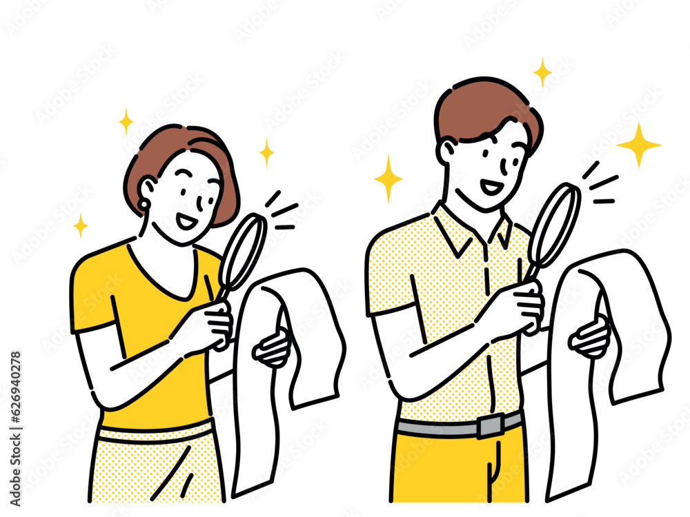 Set of a man and woman looking closely at a tax bill with a magnifying glass Set of a man and woman looking closely at a tax bill with a magnifying glass
