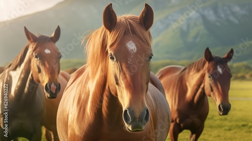 Thoroughbred Horses grazing with green beautiful mountain background in morning, AI generative.