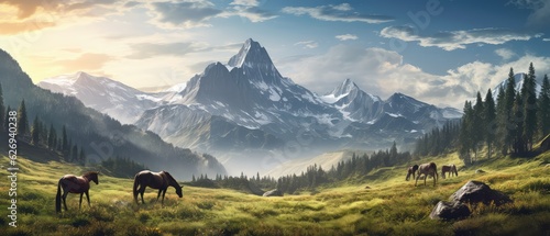 Thoroughbred Horses grazing with green beautiful mountain background in morning  AI generative.