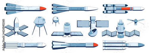 Rocket and satellite collection. Space shuttle launchpad, suborbital flight and transportation spacecraft technology, carrier rocket and space station icons. Vector set. Cosmic transport, expedition