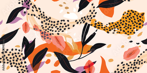 Hand drawn abstract floral pattern with leopards skin. Creative collage contemporary seamless pattern. Natural colors. Fashionable template for design