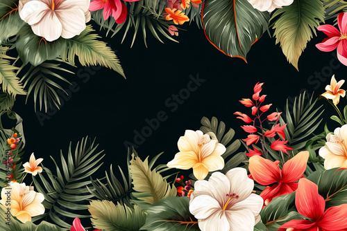 Flower arrangement with copy space. Template greeting card base design. Floral banner  poster  black background.