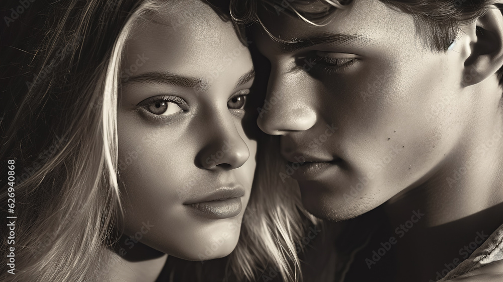 Beautiful portrait monochrome photo of a woman and a man close-up Beautiful portrait monochrome photo of a woman and a man close-up