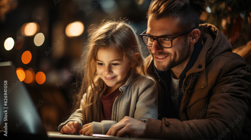 Happy hipster father and daughter with laptop computer at night. Happy hipster father and daughter with laptop computer at night.