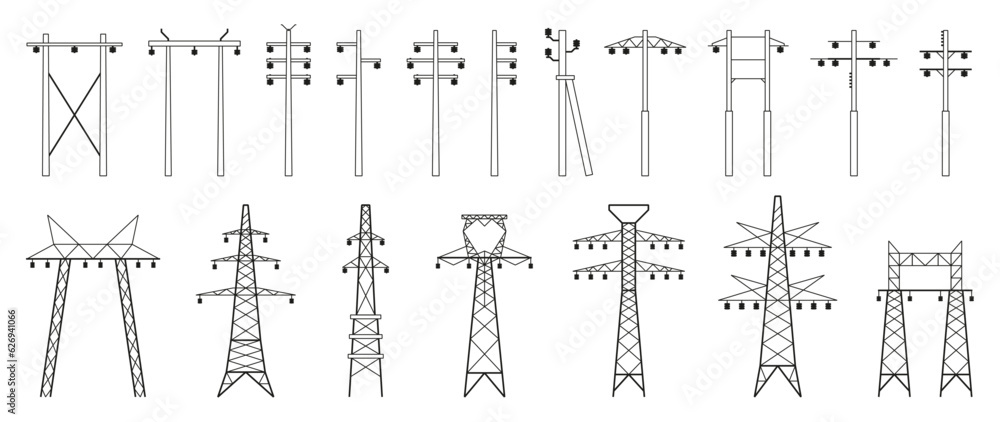 Electric pylons set. Electric tower construction and maintenance, powerline connection and electricity network infrastructure construction. Vector flat collection. City energetic equipment