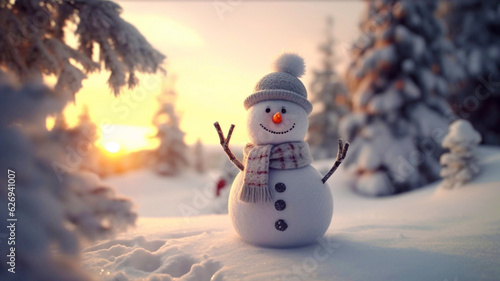 snowman wearing scarf and beanie with pine trees on snow background photo