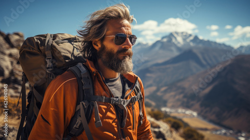 Handsome man hiking in Himalayas. Beard man with backpack and sunglasses on the trekking trail. photo