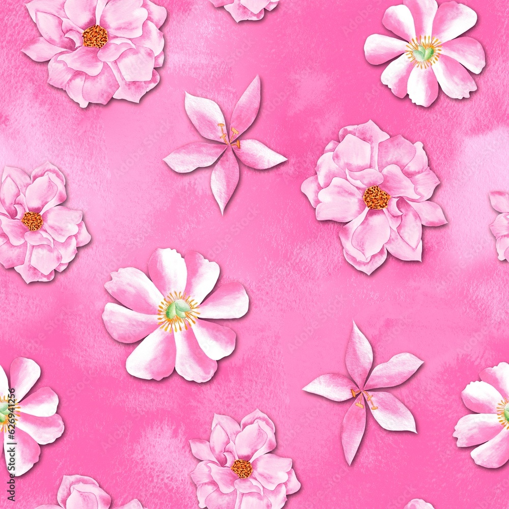 Watercolor flowers pattern, pink tropical elements, pink background, seamless