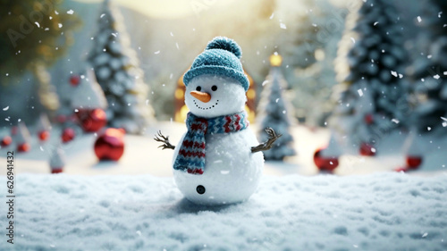 snowman wearing scarf and beanie with pine trees and christmas ball on snow background photo