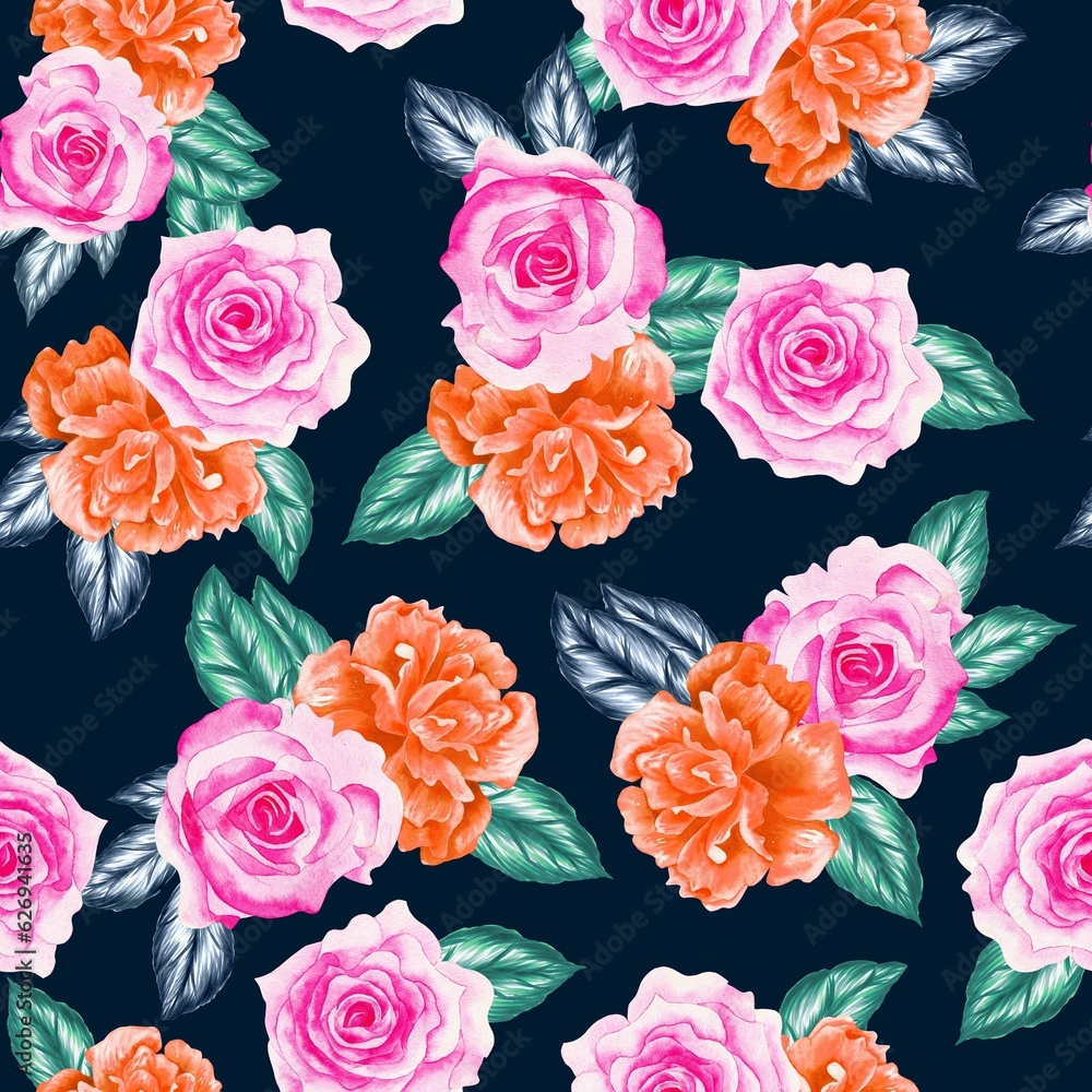 Watercolor flowers pattern, pink and orange tropical elements, green leaves, blue background, seamless