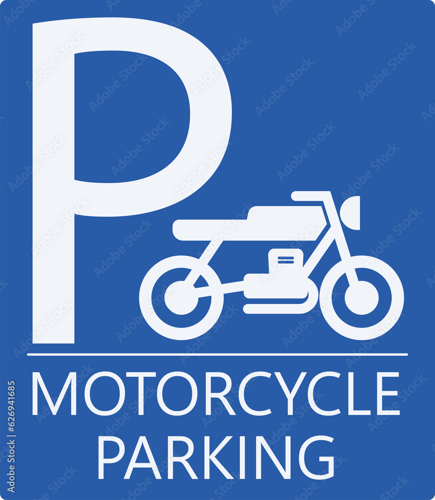 Printable rectangle blue and white motorcycle, motor bike, motorbike parking area sign with P letter and vintage motor bike symbol Printable rectangle blue and white motorcycle, motor bike, motorbike parking area sign with P letter and vintage motor bike symbol