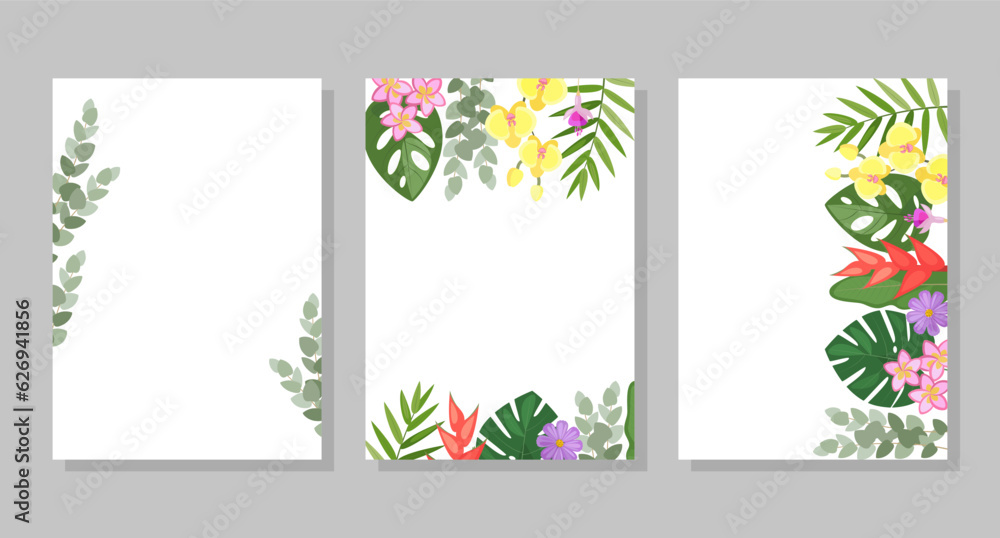 Set of tropical flower compositions, backgrounds, frames, postcards. Vector botanical illustration for booklet, invitation or flyer.